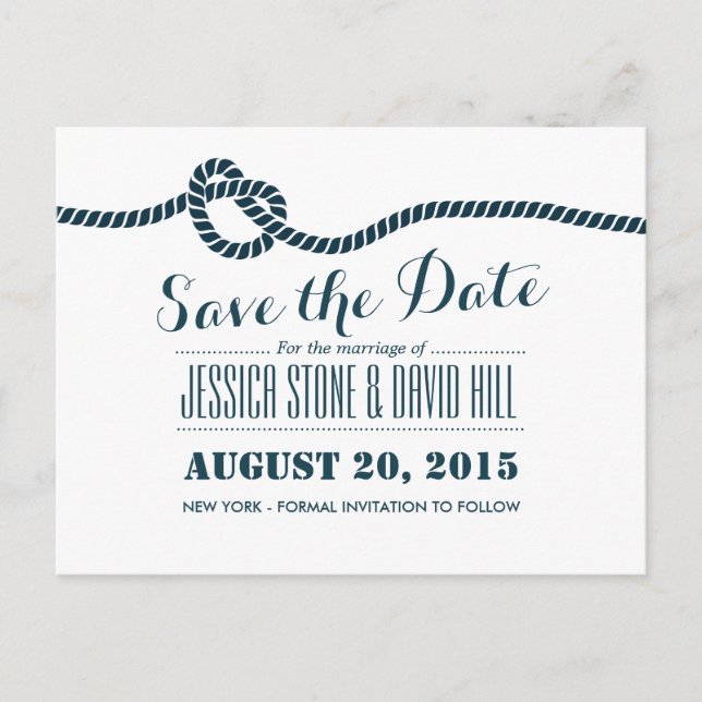 Classy Blue Rope Knot Wedding Save the Date Announcement Postcard (Front)