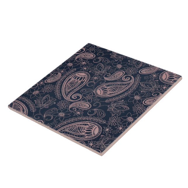 Classy Blue Rose Gold Glitter Paisley Floral Ceramic Tile (Side)