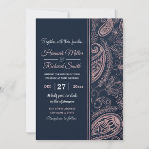 Classy Blue Rose Gold Glitter Paisley Floral Invitation