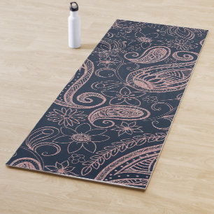 Classy Blue Rose Gold Glitter Paisley Floral Yoga Mat