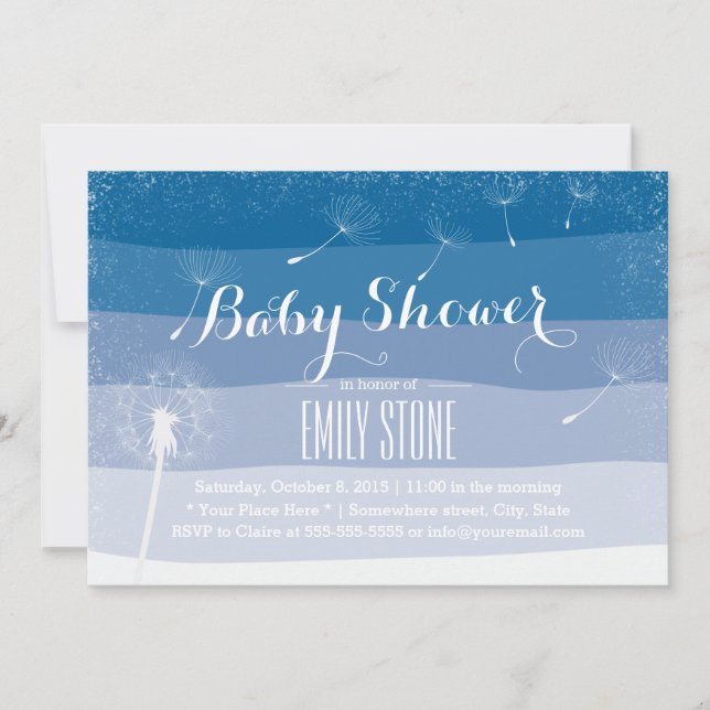 Classy Blue Shades Dandelion Blowing Baby Shower Invitation (Front)