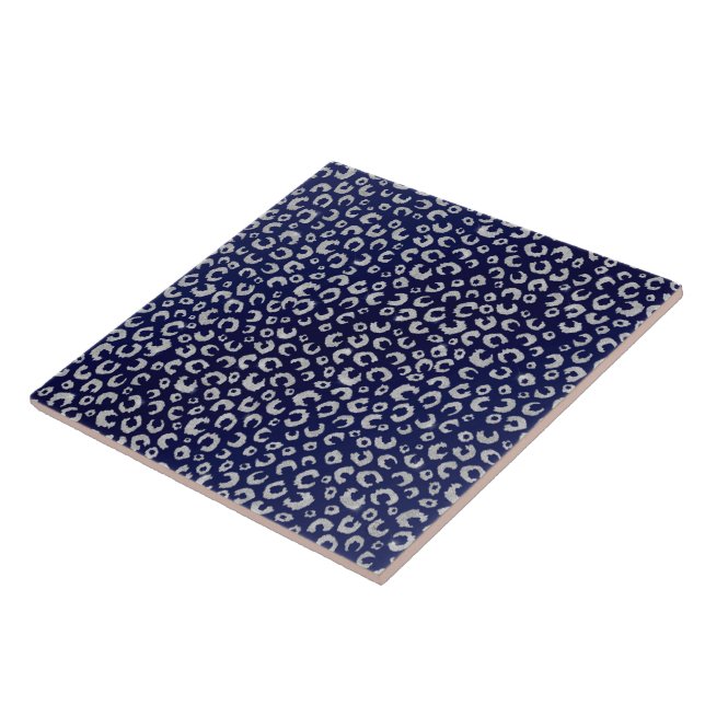 Classy Blue Silver Glitter Leopard Animal Print Ceramic Tile (Side)