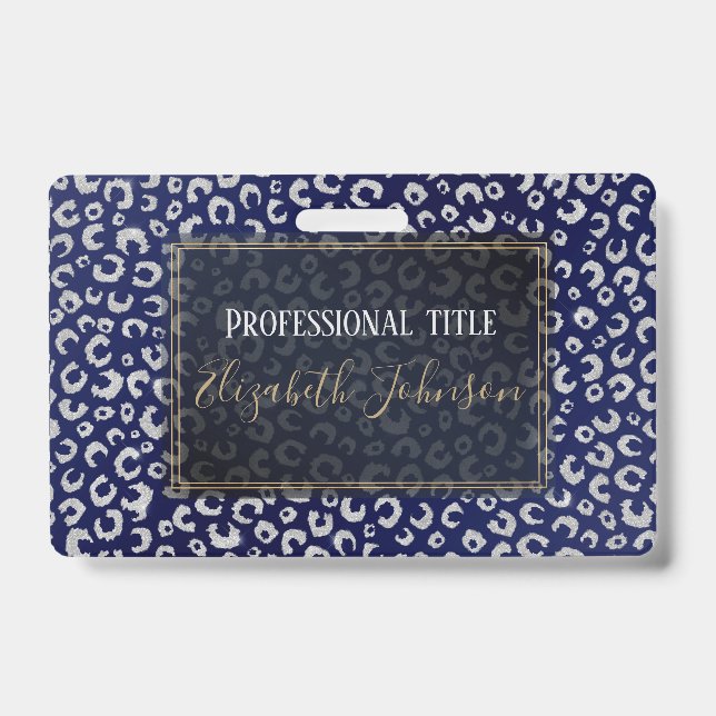 Classy Blue Silver Glitter Leopard Animal Print ID Badge (Front)