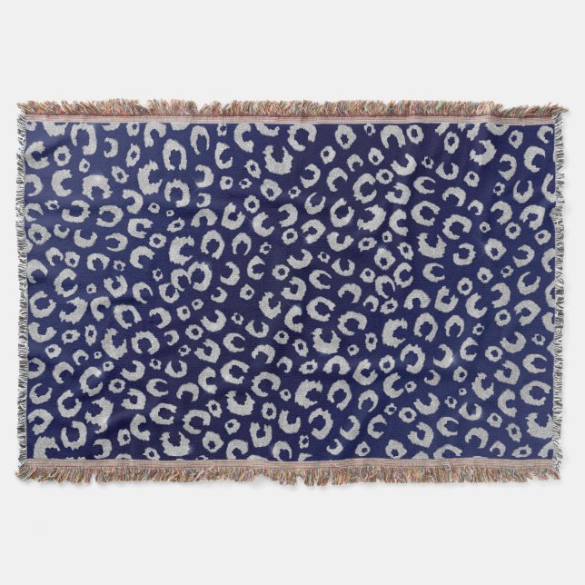 Classy Blue Silver Glitter Leopard Animal Print Throw Blanket (Front)