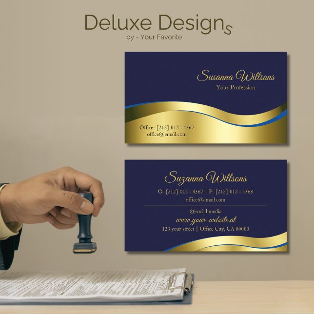 Classy Blue Wavy Gold Decor Stylish and Luxury Business Card (Creator Uploaded)