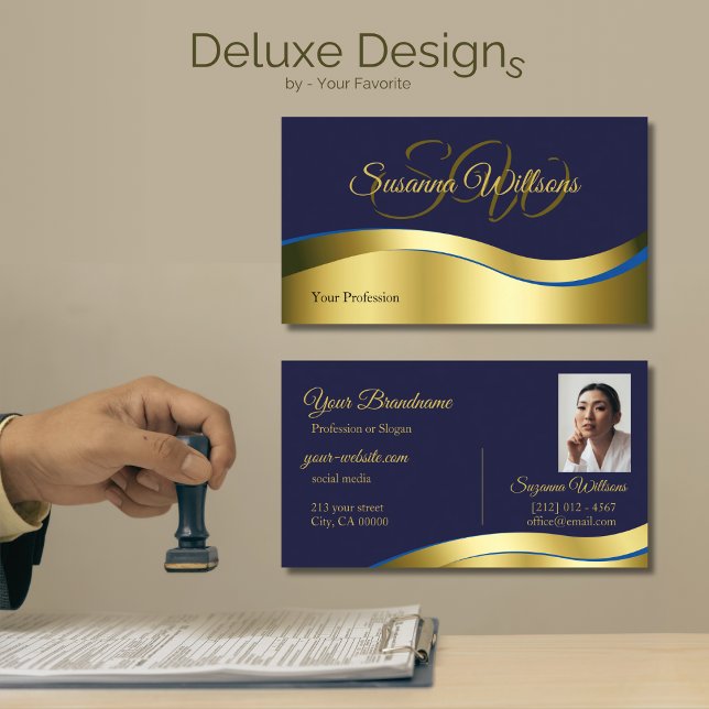 Classy Blue Wavy Gold Decor with Initials Photo Business Card (Creator Uploaded)