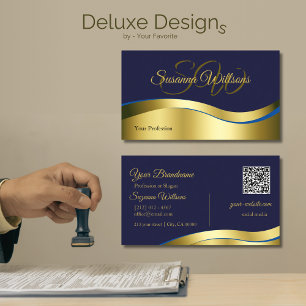 Classy Blue Wavy Gold Decor with Initials QR Code Business Card