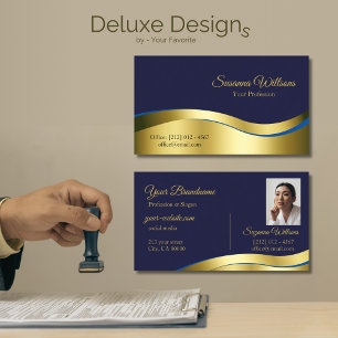 Classy Blue Wavy Gold Decor with Photo Stylish Business Card