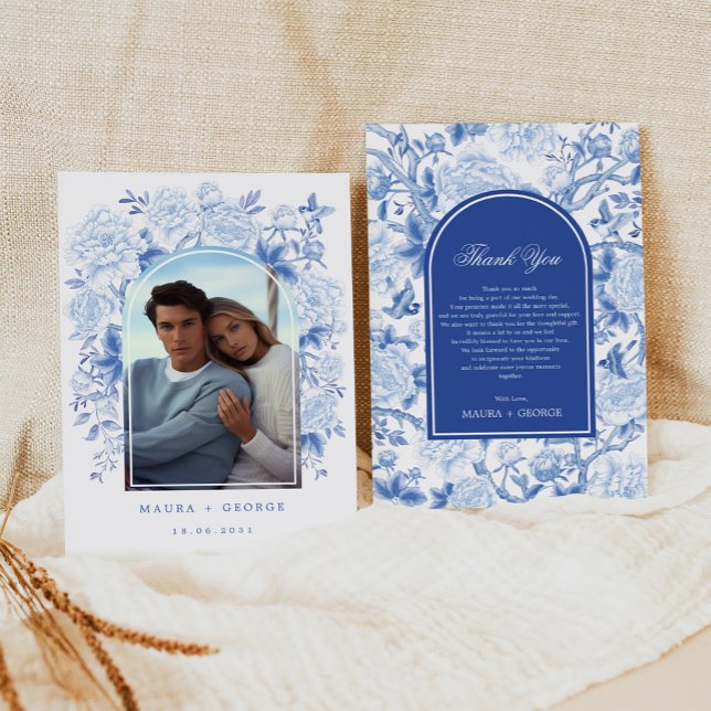Classy Blue White Chinoiserie Wedding Photo Thank You Card (Creator Uploaded)