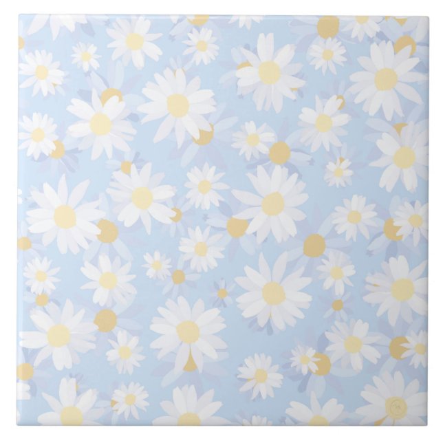 Classy Blue White Daisy Flowers Ceramic Tile (Front)