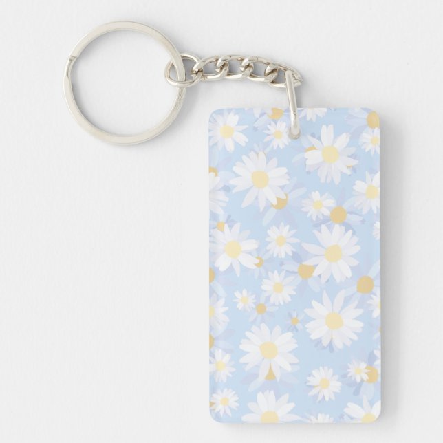 Classy Blue White Daisy Flowers Key Ring (Front)