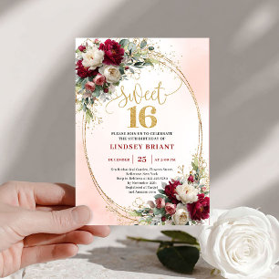 Classy Boho Merlot Gold Floral Sweet Sixteen  Invitation