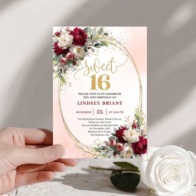 Classy Boho Merlot Gold Floral Sweet Sixteen  Invitation (Classy Boho Merlot Gold Floral Sweet Sixteen Invite)