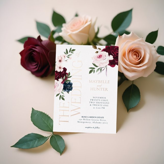 Classy Bold Burgundy & Navy Watercolor Florals (Classy Bold Burgundy & Navy Watercolor Florals Foil Invitation)