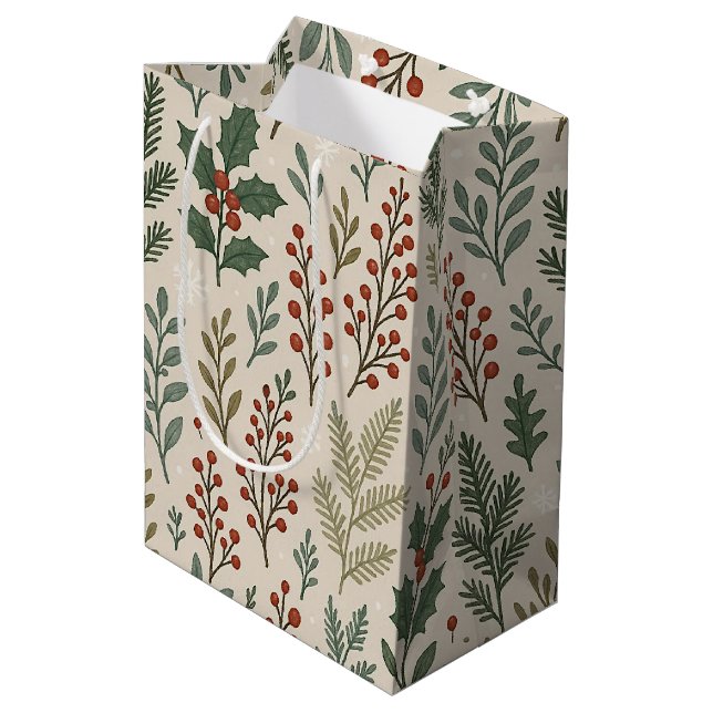 Classy Botanical Holly Berry Floral Art Pattern Medium Gift Bag (Back Angled)