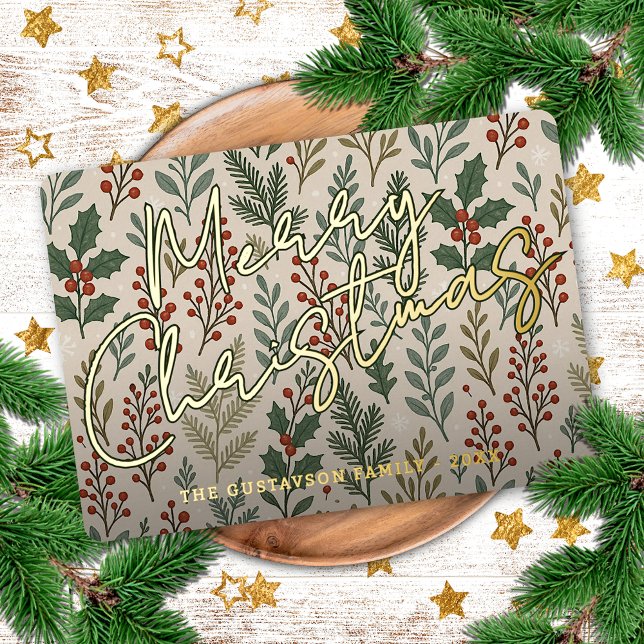 Classy Botanical Holly Berry Floral Pattern Gold Foil Holiday Card (Creator Uploaded)