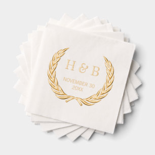 Classy Botanical Laurel Wreath and Couple Initials Foil Napkins