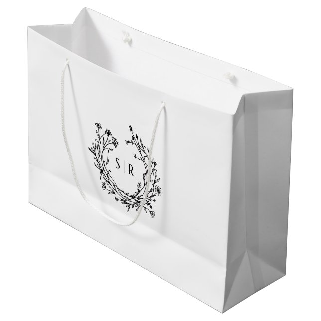Classy Botanical Monogram Wedding Welcome Guest Large Gift Bag (Front Angled)