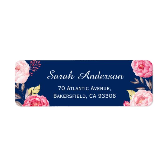 Classy Botanical Pink Flowers Navy Blue Return Address Label