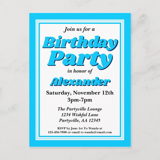 Classy Bright Blue Adult Birthday Party Invitation Postcard (Front)