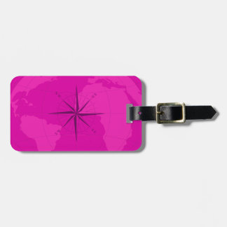 Classy Bright Purple World Map with Compass Rose Luggage Tag