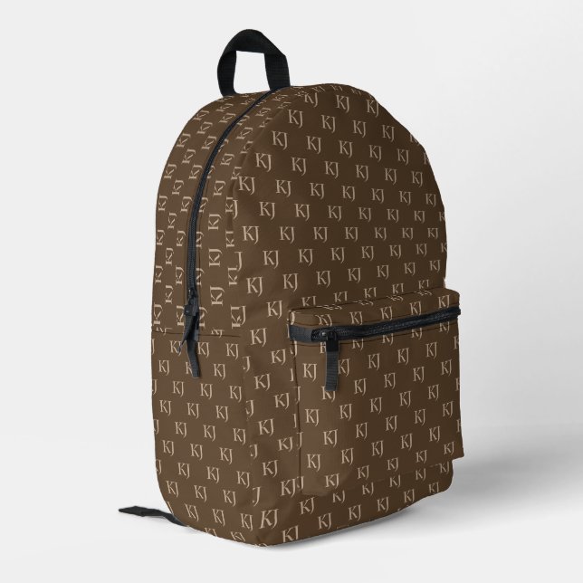 Classy Brown & Beige Monogram Initials Pattern Printed Backpack (Back Corner Left)