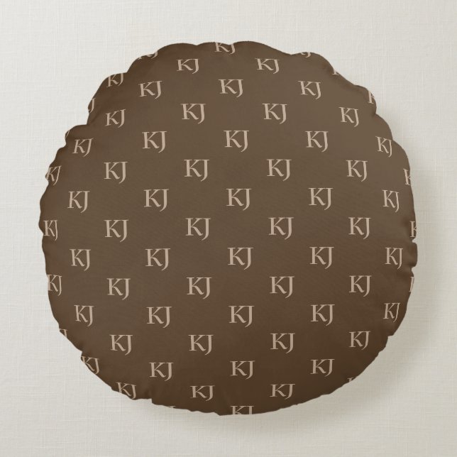 Classy Brown & Beige Monogram Initials Pattern Round Cushion (Front)