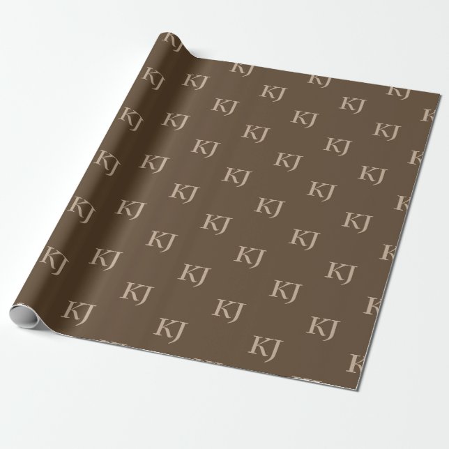 Classy Brown & Beige Monogram Initials Pattern Wrapping Paper (Unrolled)