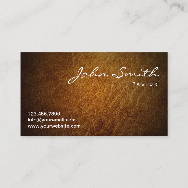 Classy Brown Leather Pastor Business Card (Front)