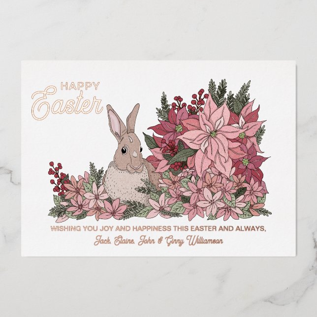 Classy Bunny Rabbit Floral Happy Easter  Foil Holiday Card (Front)