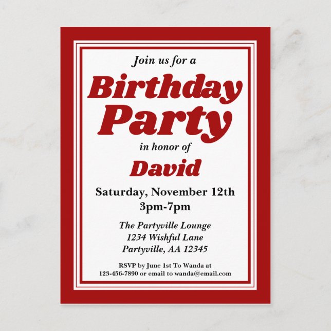 Classy Burgundy Adult Birthday Party Invitation Postcard (Front)