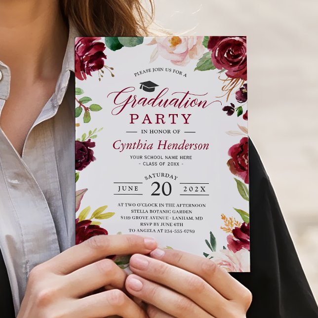 Classy Burgundy and Blush Floral Graduation Event Invitation (Creator Uploaded)