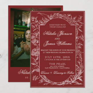 Classy Burgundy Floral Boho Botanical Wedding Invitation