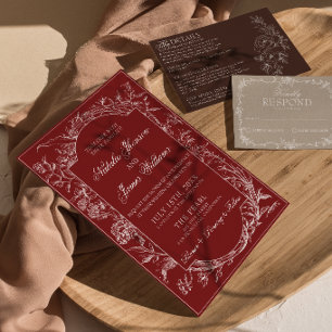 Classy Burgundy Floral Boho Botanical Wedding Invitation
