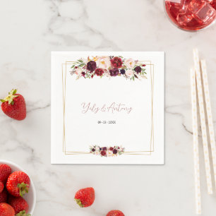 Classy Burgundy Floral Cream Wedding Decor Napkin