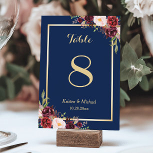 Classy Burgundy Floral Gold Navy Blue Table Number