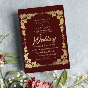 Classy burgundy gold floral frame border Wedding Invitation