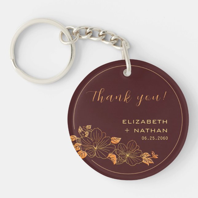 Classy Burgundy Gold Floral Wedding Thank You Key Ring (Front)