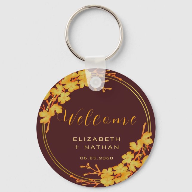 Classy Burgundy & Gold Floral Wedding Welcome Key Ring (Front)