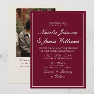 Classy Burgundy Old Money QR Code Photo Wedding Invitation