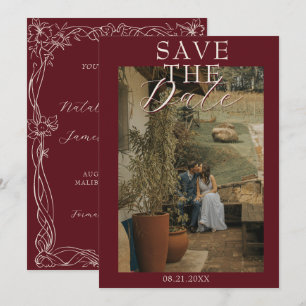 Classy Burgundy Romantic Old Money Photo Wedding Save The Date