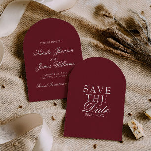 Classy Burgundy White Old Money Arched Wedding Save The Date