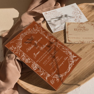 Classy Burnt Orange Floral Boho Terracotta Wedding Invitation