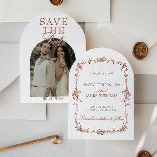 Classy Burnt Orange Floral Photo Arched Wedding Save The Date