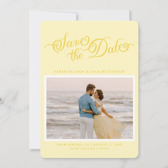 Classy Butter Yellow Elegant Script Save The Date (Front)