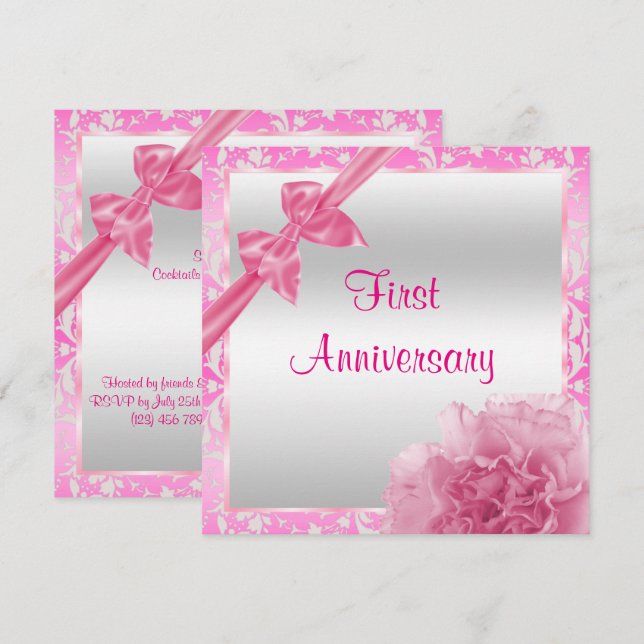 Classy Carnation & Bow 1st Wedding Anniversary Invitation (Front/Back)
