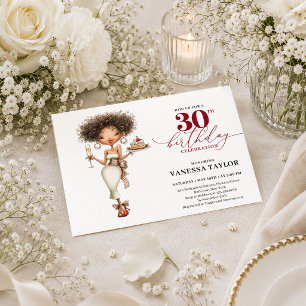 Classy Cartoon Woman 30th Birthday Burgundy Script Invitation