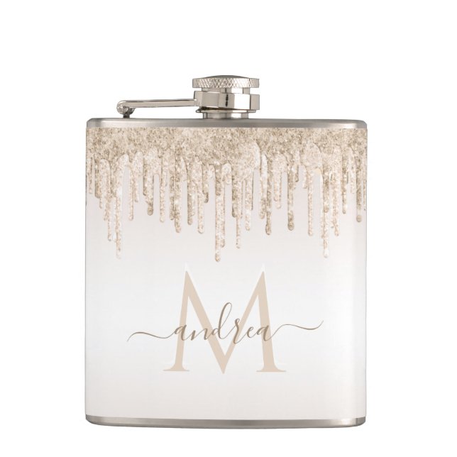 Classy Champagne Glitter Dripping Monogrammed Name Hip Flask (Front)