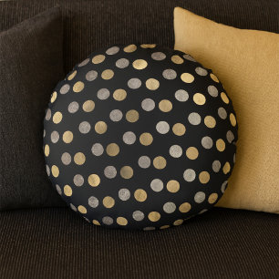 Classy Charcoal Silver Gold Polka Dots Round Grey Round Cushion