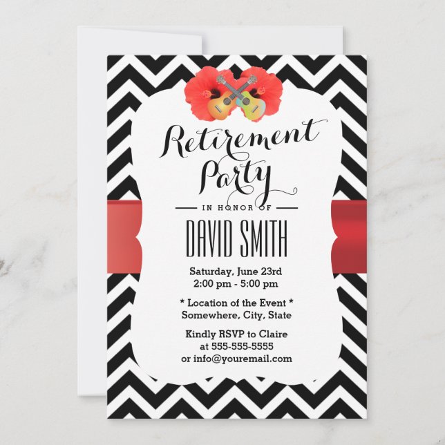 Classy Chevron Hibiscus & Ukulele Retirement Party Invitation (Front)
